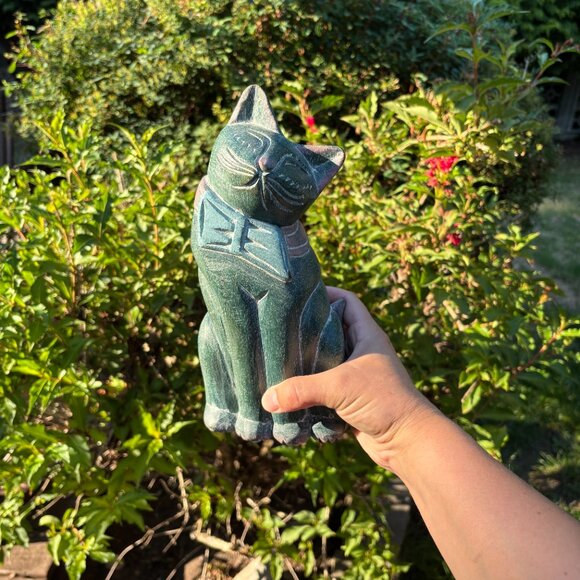 Vintage Hand Carved Wooden Cat Figurine with Bow Tie MCM Folk Art Green Cat - Picture 8 of 12